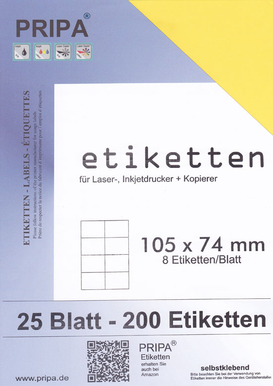 Etiketten 105 x 42-14 Stueck auf A4-25 Blatt DIN A4 Selbstklebende Etiketten 3653 gelb pripa 