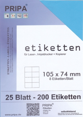 25 Blatt Etiketten (DIN A4) 105 x 74 mm = 200 Etiketten