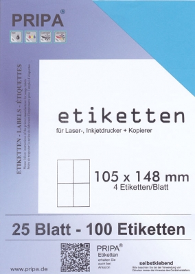 25 Blatt Etiketten (DIN A4) 105 x 148 mm = 100 Etiketten