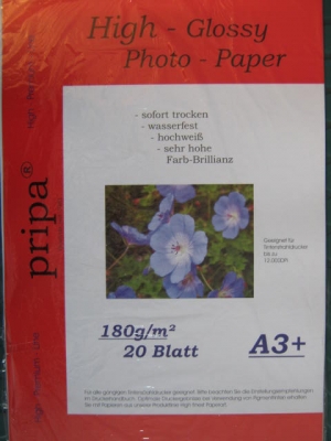 Fotopapier glänzend 20 Blatt 180g DIN A3+ plus