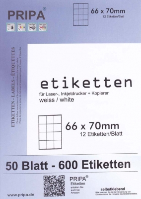 600 Etiketten auf 50 Blatt A4 - 66x70mm